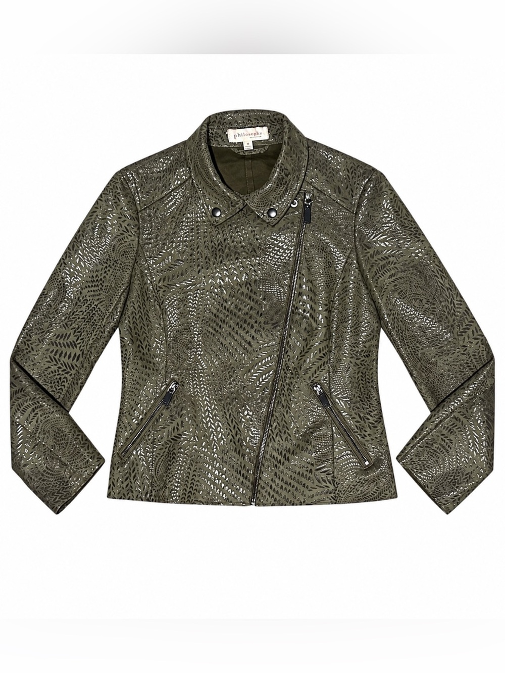 Philosophy Republic Clothing Olive Metallic Faux Leather Moto Jacket M